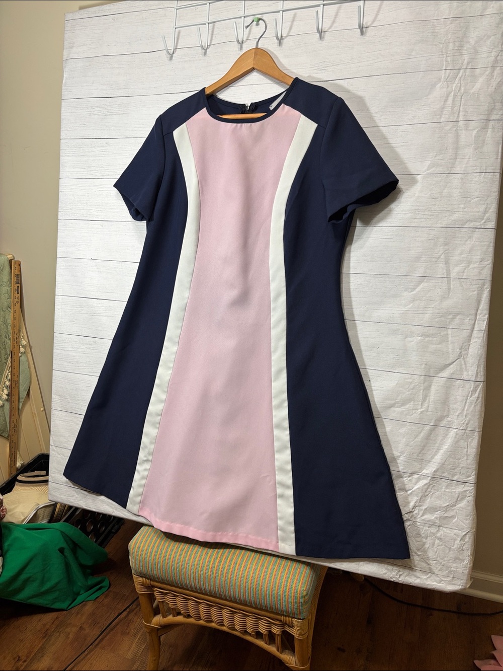 Anthony Richards Navy and Pink Panel A-Line Dress with Cream Trim